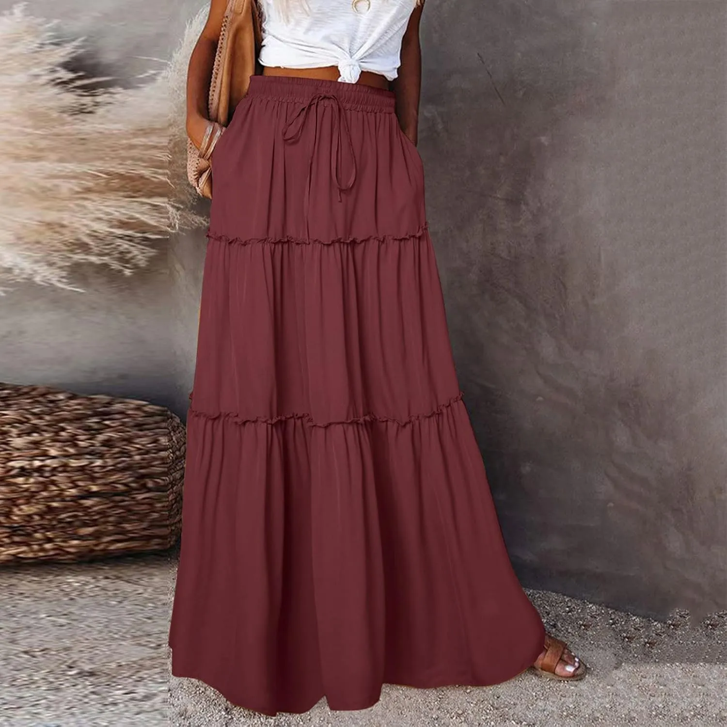 Long Skirts for Women Floral Print Boho Maxi Skirt Elastic High Waist Pleated Ruffle Flowy Swing Maxi Skirt with Pockets