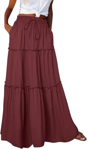 Long Skirts for Women Floral Print Boho Maxi Skirt Elastic High Waist Pleated Ruffle Flowy Swing Maxi Skirt with Pockets