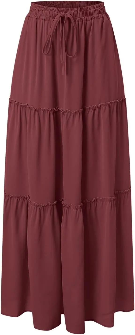 Long Skirts for Women Floral Print Boho Maxi Skirt Elastic High Waist Pleated Ruffle Flowy Swing Maxi Skirt with Pockets