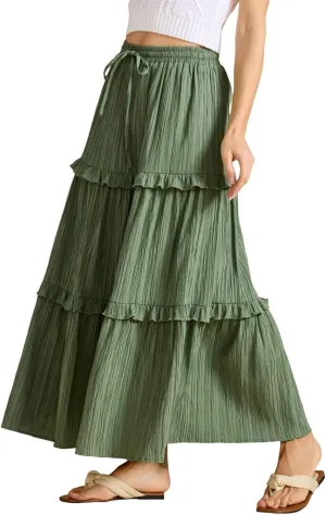Long Skirts for Women Summer Beach Ruffled Tiered Flowy Boho Skirt Drawstring High Waist Casual Maxi Dress Skorts