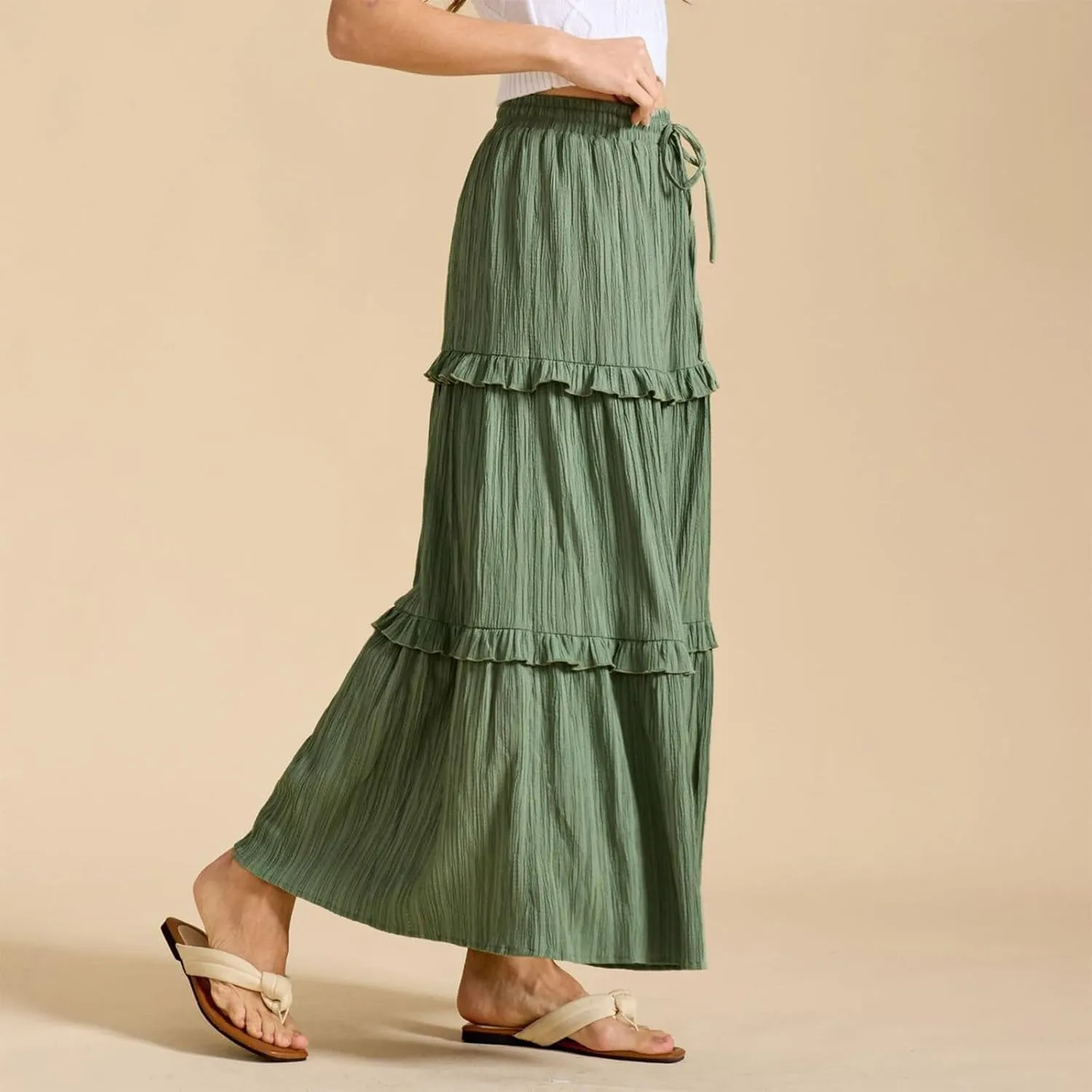 Long Skirts for Women Summer Beach Ruffled Tiered Flowy Boho Skirt Drawstring High Waist Casual Maxi Dress Skorts