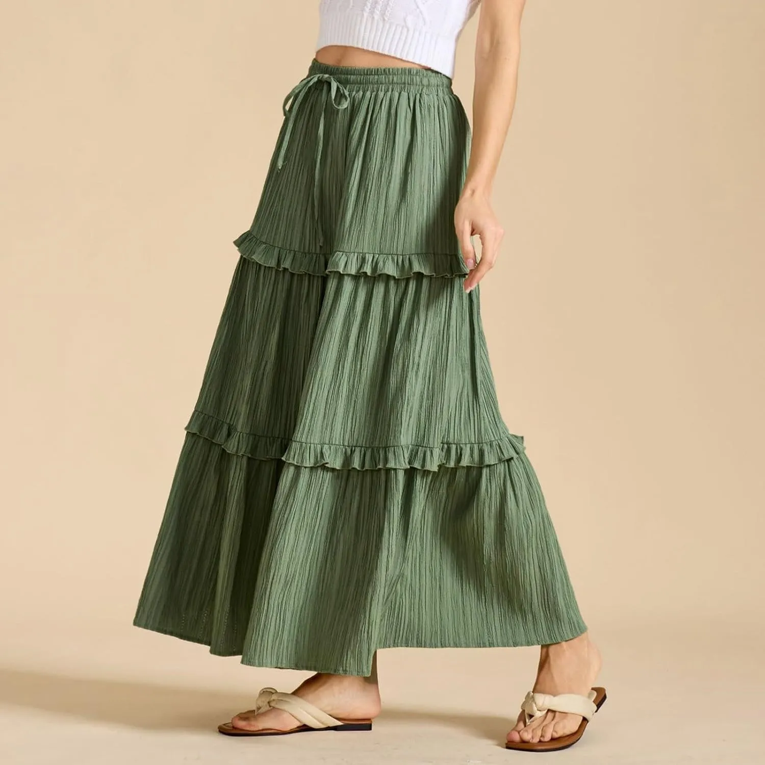 Long Skirts for Women Summer Beach Ruffled Tiered Flowy Boho Skirt Drawstring High Waist Casual Maxi Dress Skorts