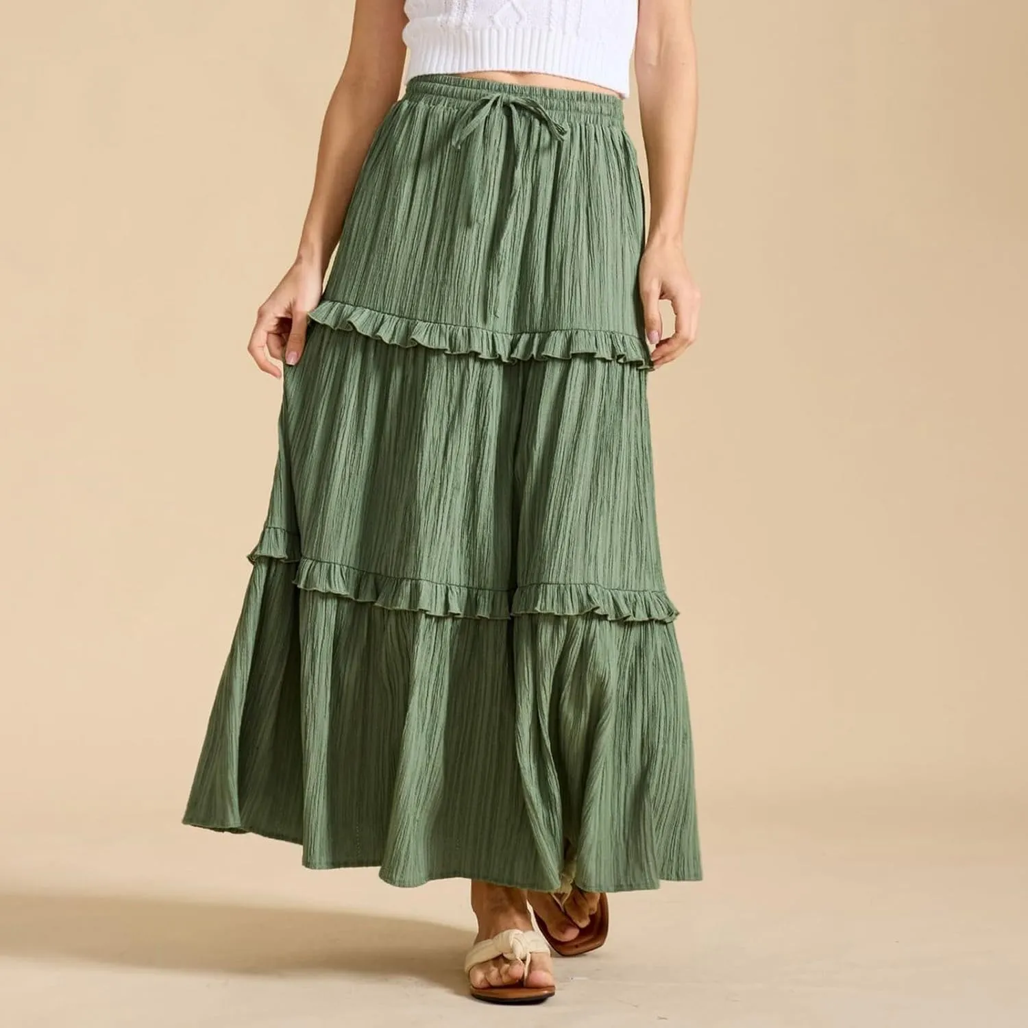 Long Skirts for Women Summer Beach Ruffled Tiered Flowy Boho Skirt Drawstring High Waist Casual Maxi Dress Skorts
