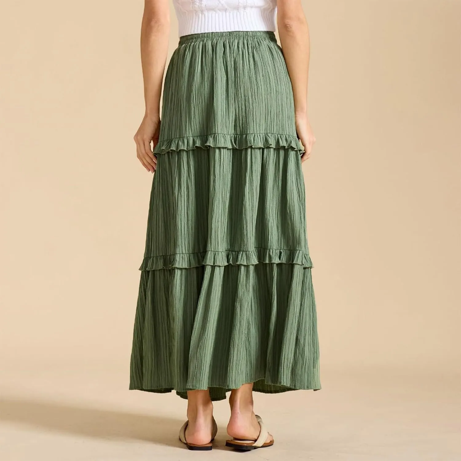 Long Skirts for Women Summer Beach Ruffled Tiered Flowy Boho Skirt Drawstring High Waist Casual Maxi Dress Skorts