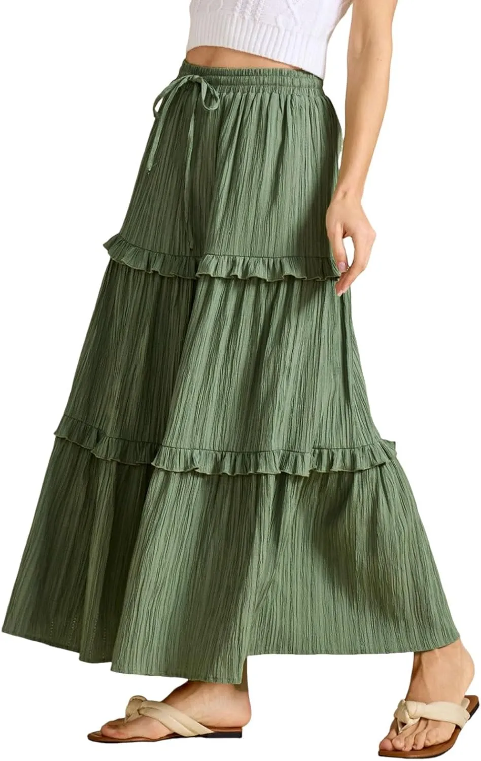 Long Skirts for Women Summer Beach Ruffled Tiered Flowy Boho Skirt Drawstring High Waist Casual Maxi Dress Skorts