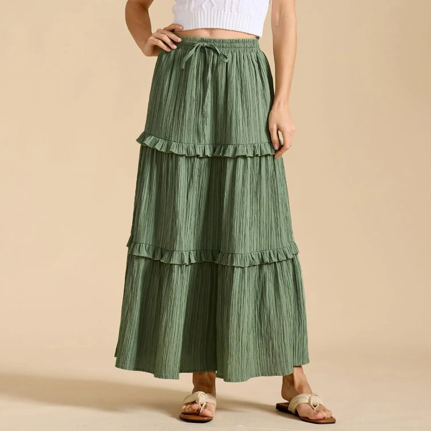 Long Skirts for Women Summer Beach Ruffled Tiered Flowy Boho Skirt Drawstring High Waist Casual Maxi Dress Skorts