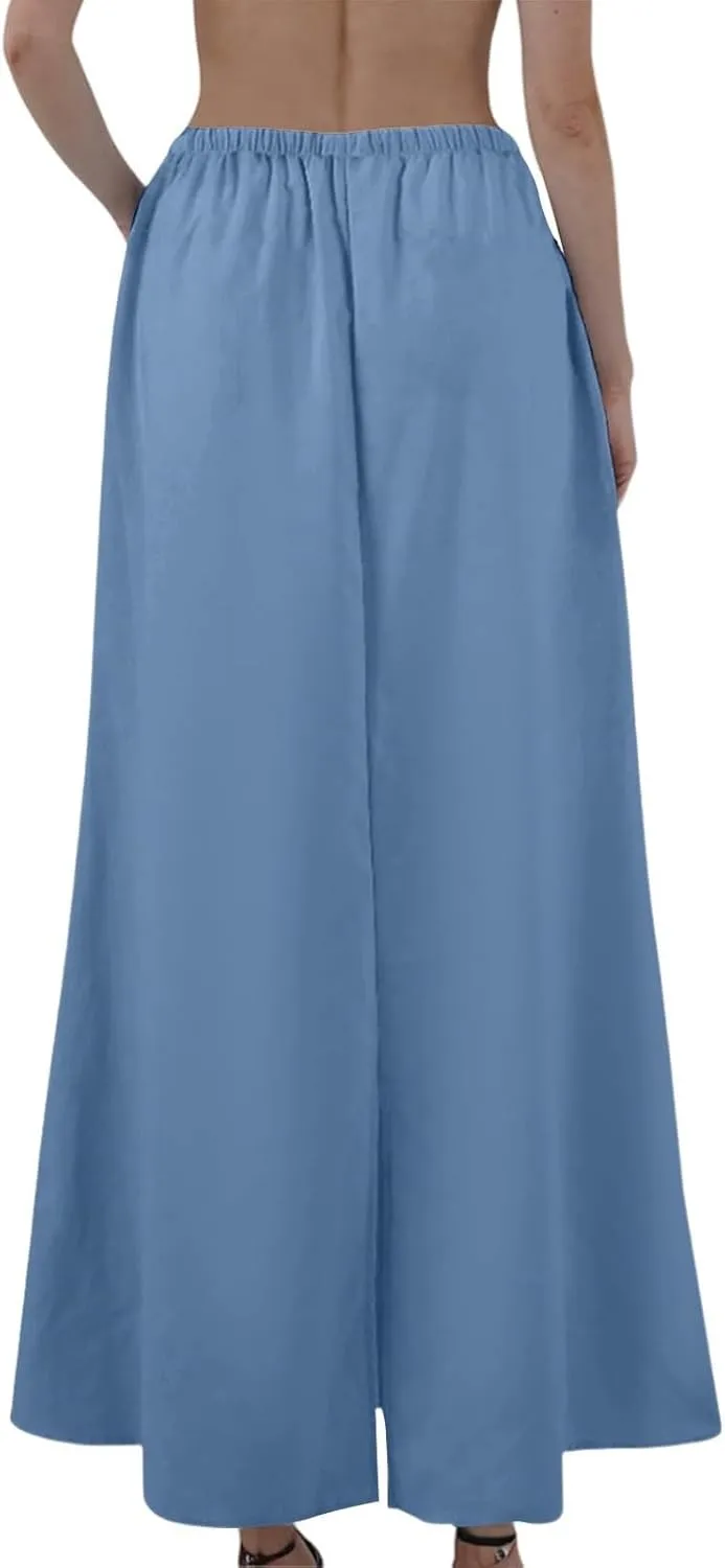 Long Trendy Skirts for Women Cotton Linen Beach Vacation Drawstring Low Waist Flowy Bohemian Short Dress Casual Holiday