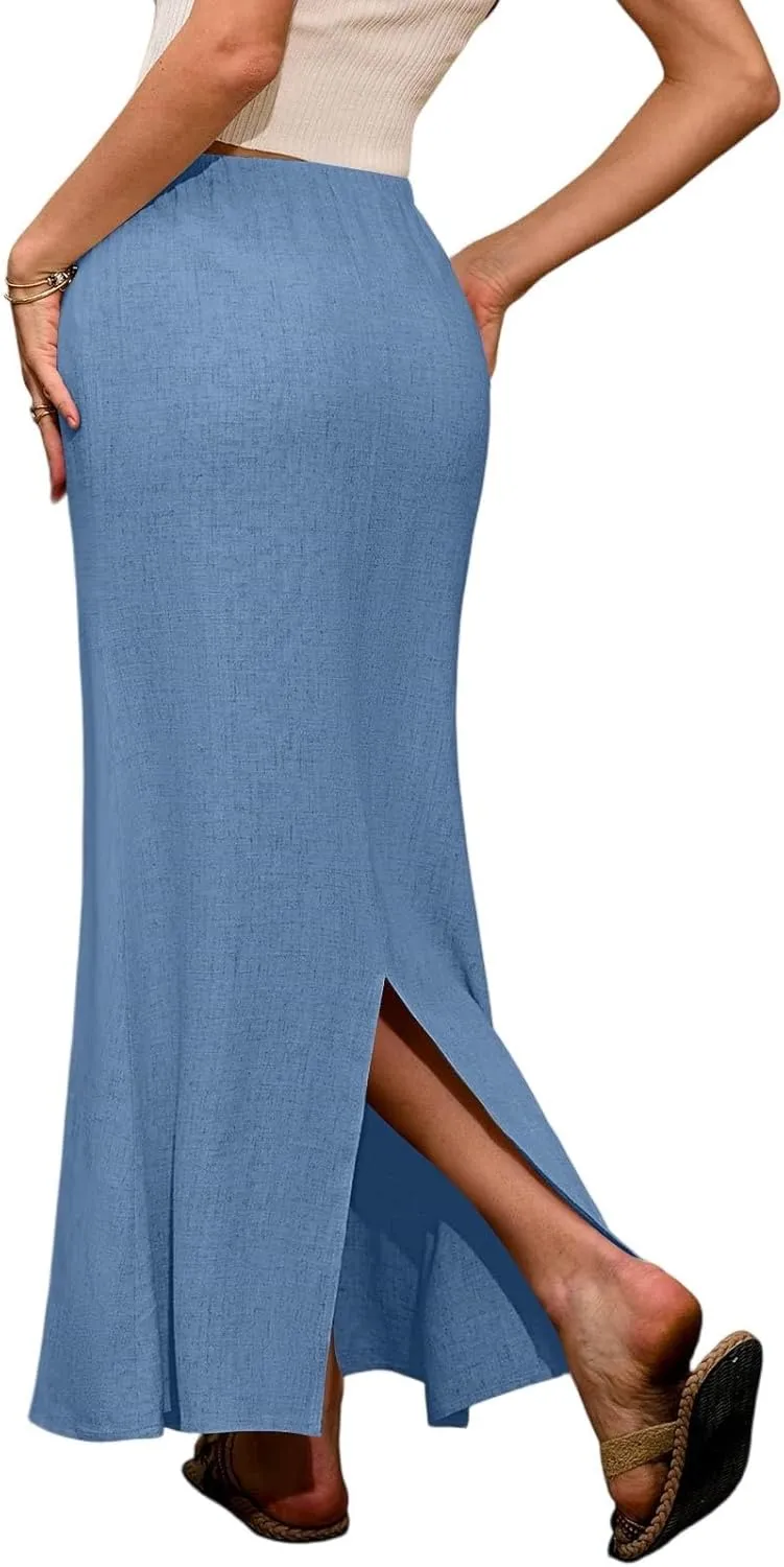 Long Trendy Skirts for Women Cotton Linen Beach Vacation Drawstring Low Waist Flowy Bohemian Short Dress Casual Holiday