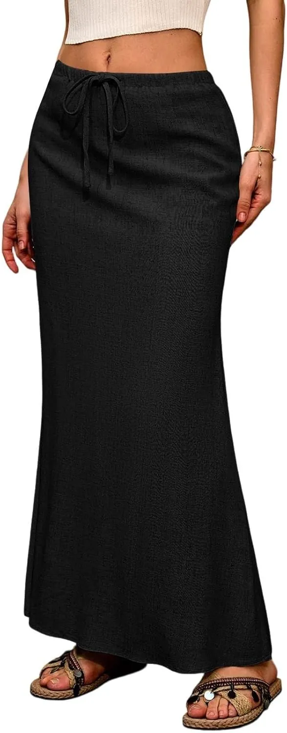 Long Trendy Skirts for Women Cotton Linen Beach Vacation Drawstring Low Waist Flowy Bohemian Short Dress Casual Holiday