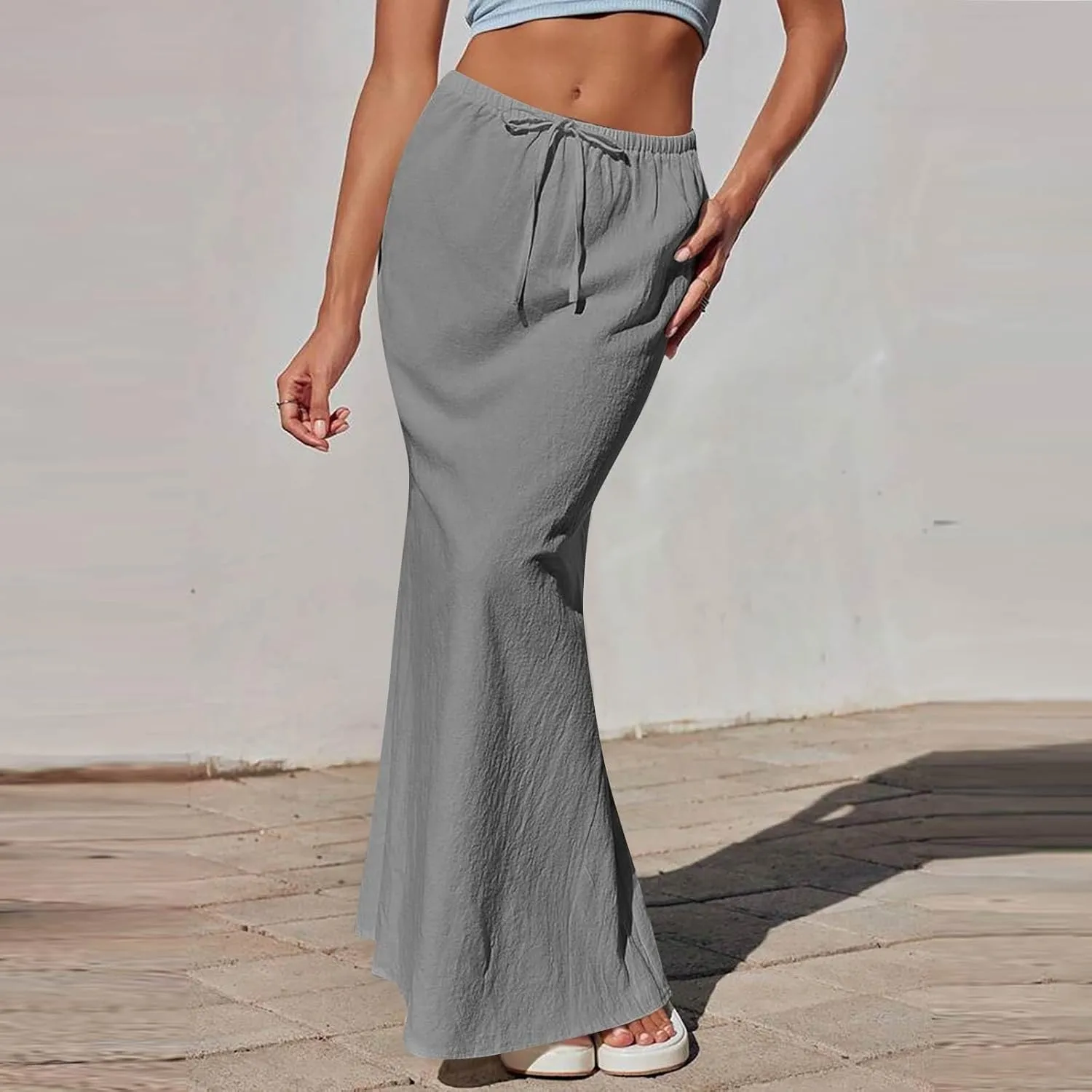 Long Trendy Skirts for Women Cotton Linen Beach Vacation Drawstring Low Waist Flowy Bohemian Short Dress Casual Holiday