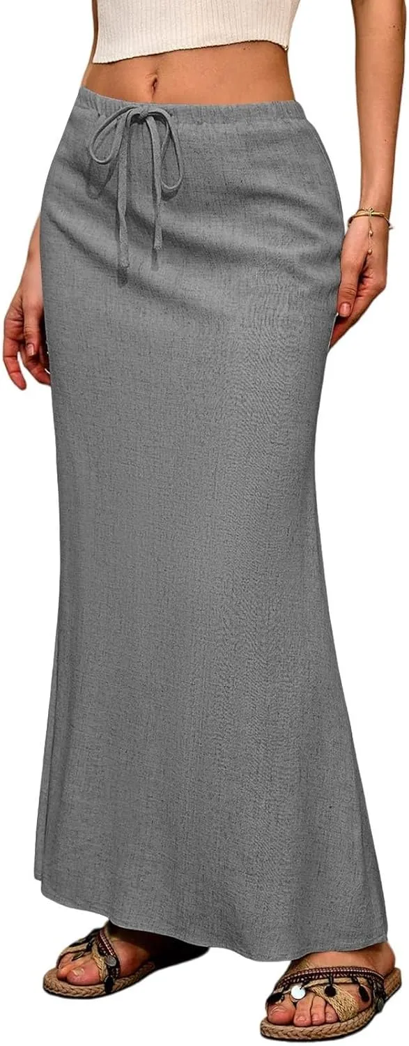 Long Trendy Skirts for Women Cotton Linen Beach Vacation Drawstring Low Waist Flowy Bohemian Short Dress Casual Holiday