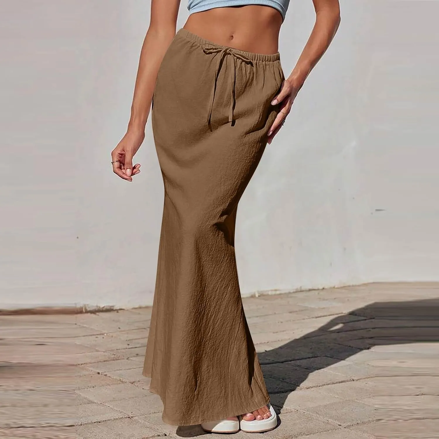 Long Trendy Skirts for Women Cotton Linen Beach Vacation Drawstring Low Waist Flowy Bohemian Short Dress Casual Holiday