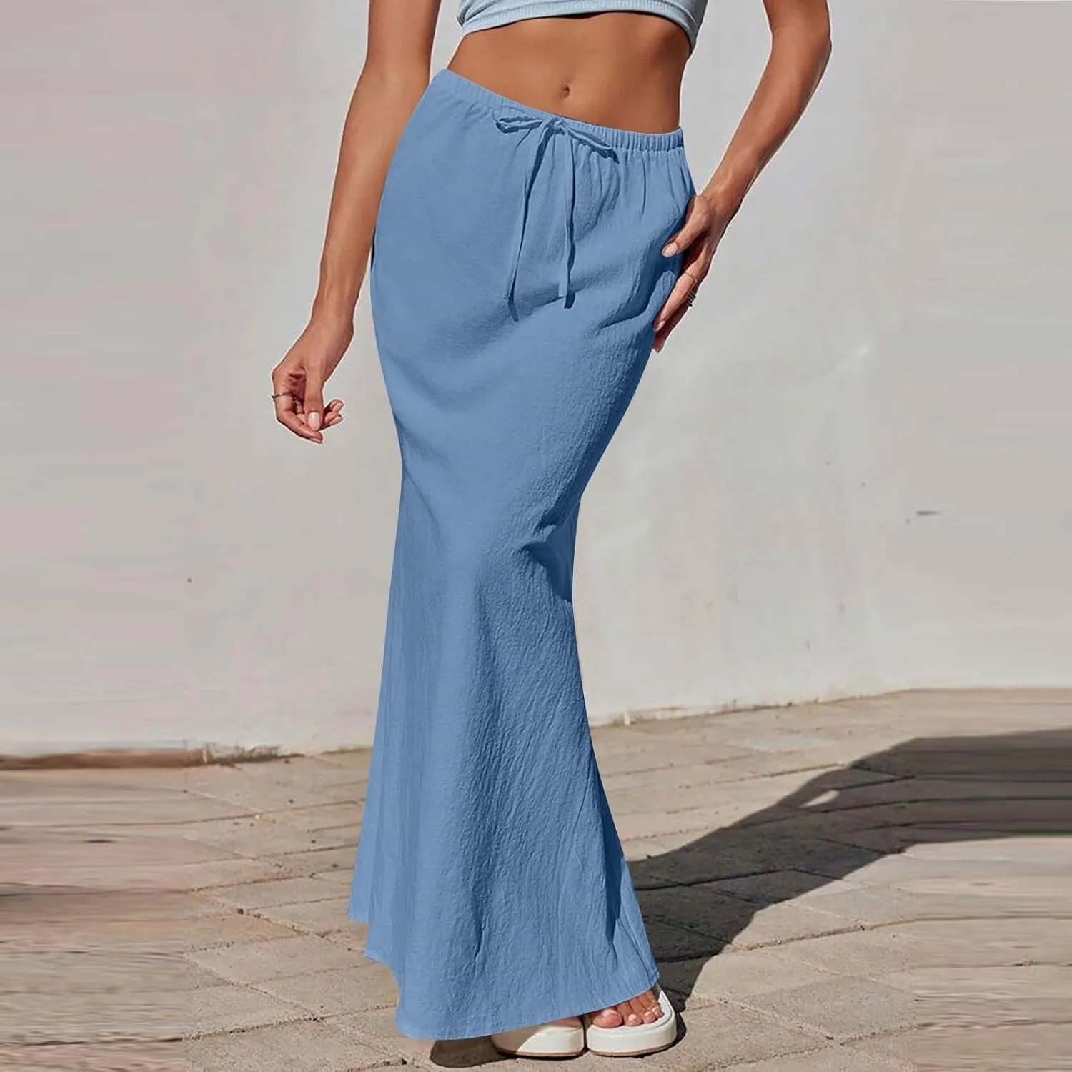 Long Trendy Skirts for Women Cotton Linen Beach Vacation Drawstring Low Waist Flowy Bohemian Short Dress Casual Holiday
