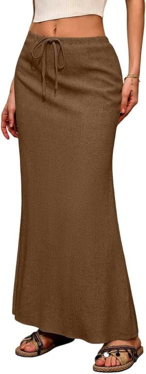 Long Trendy Skirts for Women Cotton Linen Beach Vacation Drawstring Low Waist Flowy Bohemian Short Dress Casual Holiday