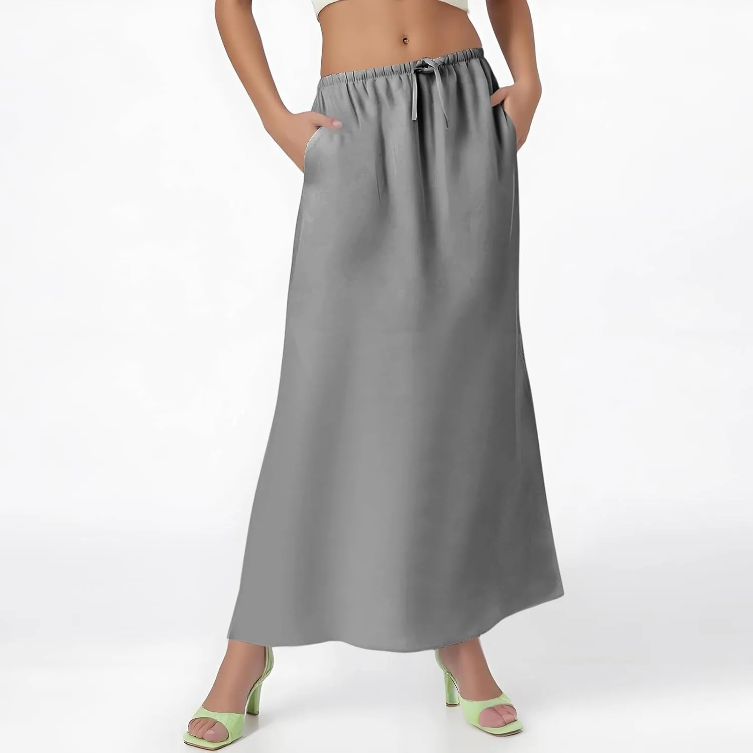 Long Trendy Skirts for Women Cotton Linen Beach Vacation Drawstring Low Waist Flowy Bohemian Short Dress Casual Holiday