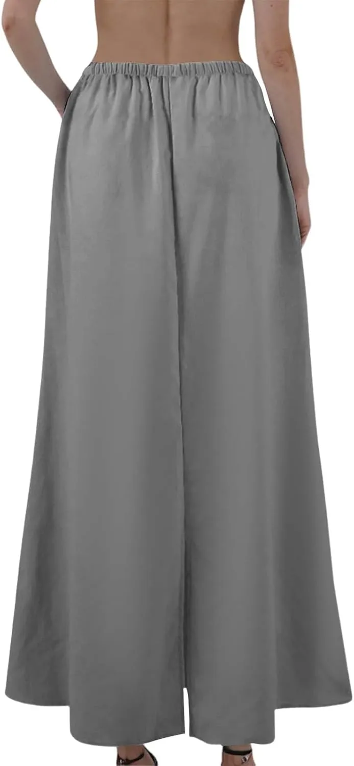 Long Trendy Skirts for Women Cotton Linen Beach Vacation Drawstring Low Waist Flowy Bohemian Short Dress Casual Holiday