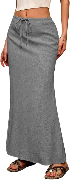 Long Trendy Skirts for Women Cotton Linen Beach Vacation Drawstring Low Waist Flowy Bohemian Short Dress Casual Holiday