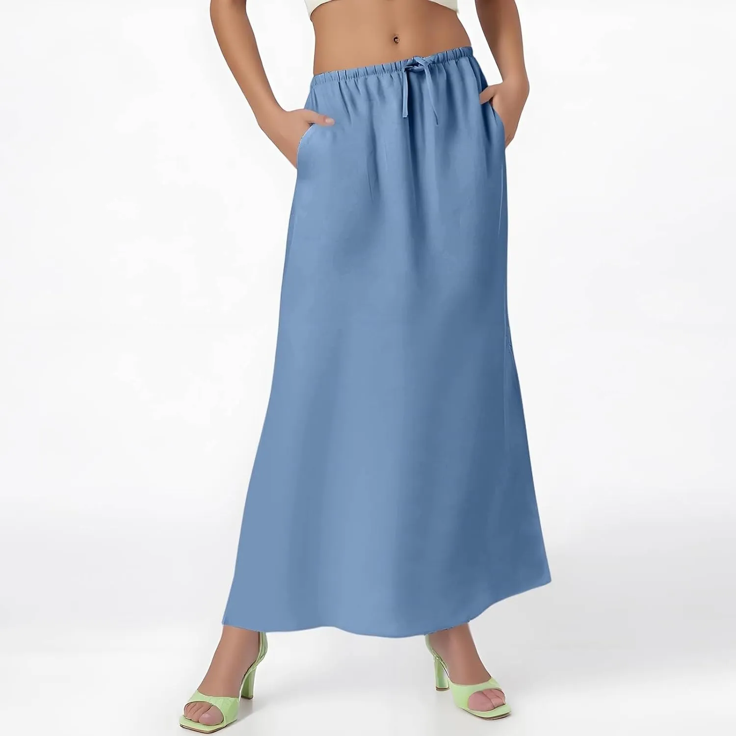 Long Trendy Skirts for Women Cotton Linen Beach Vacation Drawstring Low Waist Flowy Bohemian Short Dress Casual Holiday