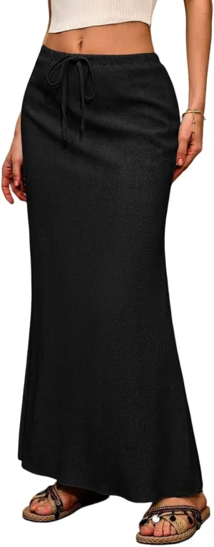 Long Trendy Skirts for Women Cotton Linen Beach Vacation Drawstring Low Waist Flowy Bohemian Short Dress Casual Holiday