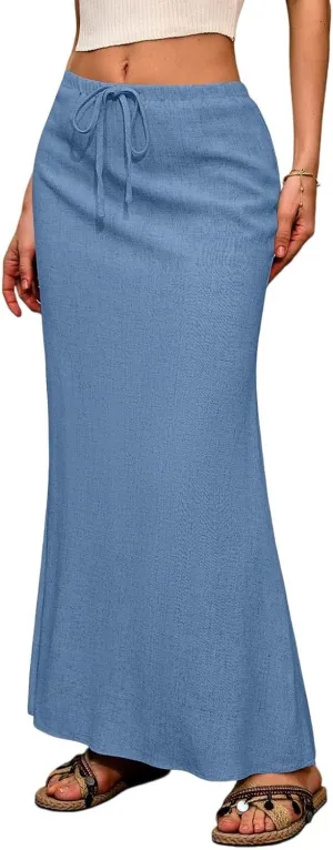 Long Trendy Skirts for Women Cotton Linen Beach Vacation Drawstring Low Waist Flowy Bohemian Short Dress Casual Holiday