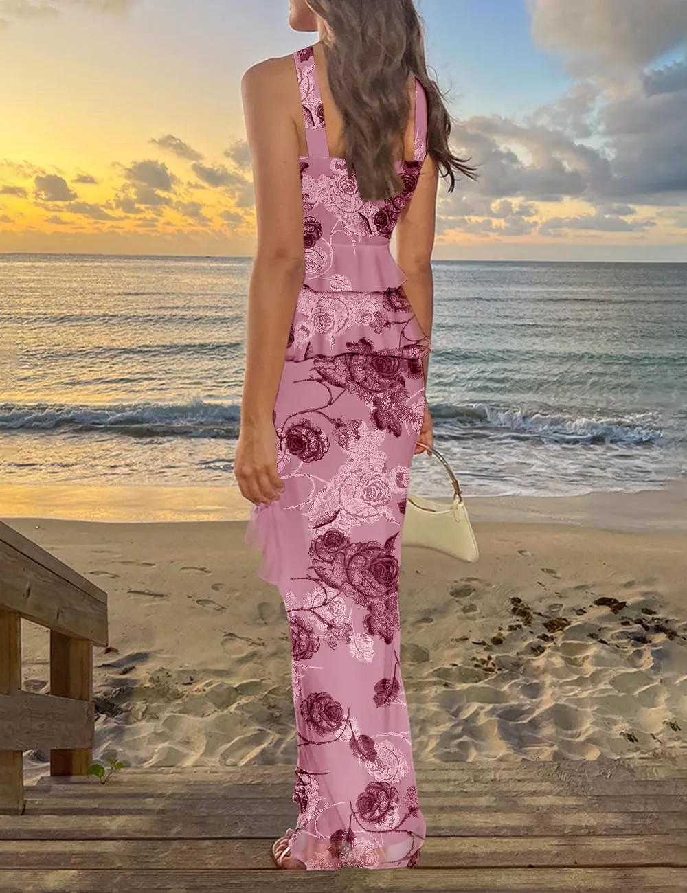 Lrady Women's Two Piece Skirt Sets Beach Formal Wedding Guest Sleeveless Peplum Ruffle Party Maxi Bodycon Dress Outfits