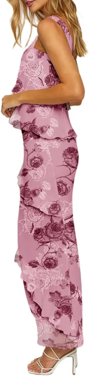 Lrady Women's Two Piece Skirt Sets Beach Formal Wedding Guest Sleeveless Peplum Ruffle Party Maxi Bodycon Dress Outfits