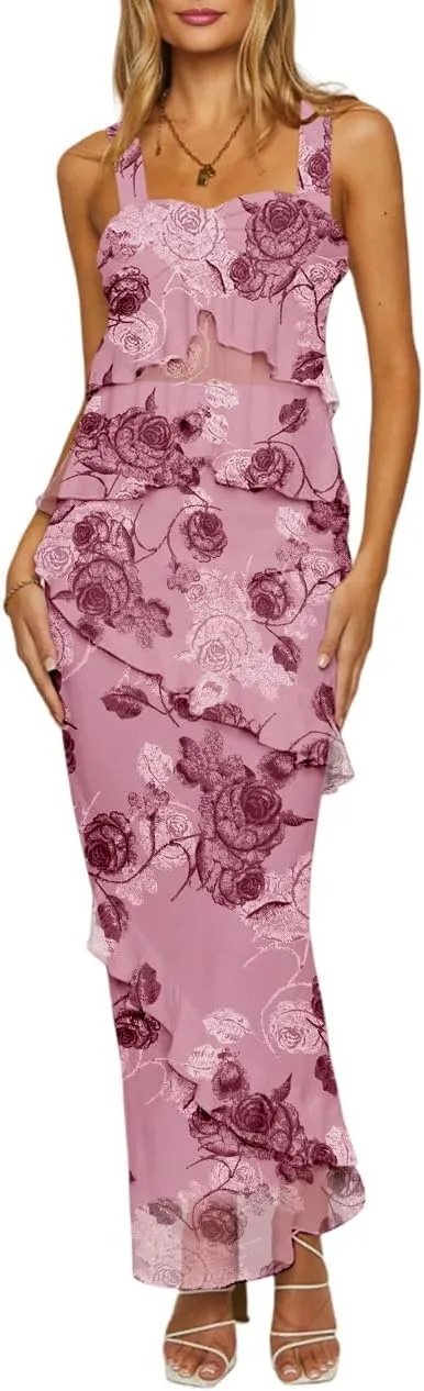Lrady Women's Two Piece Skirt Sets Beach Formal Wedding Guest Sleeveless Peplum Ruffle Party Maxi Bodycon Dress Outfits