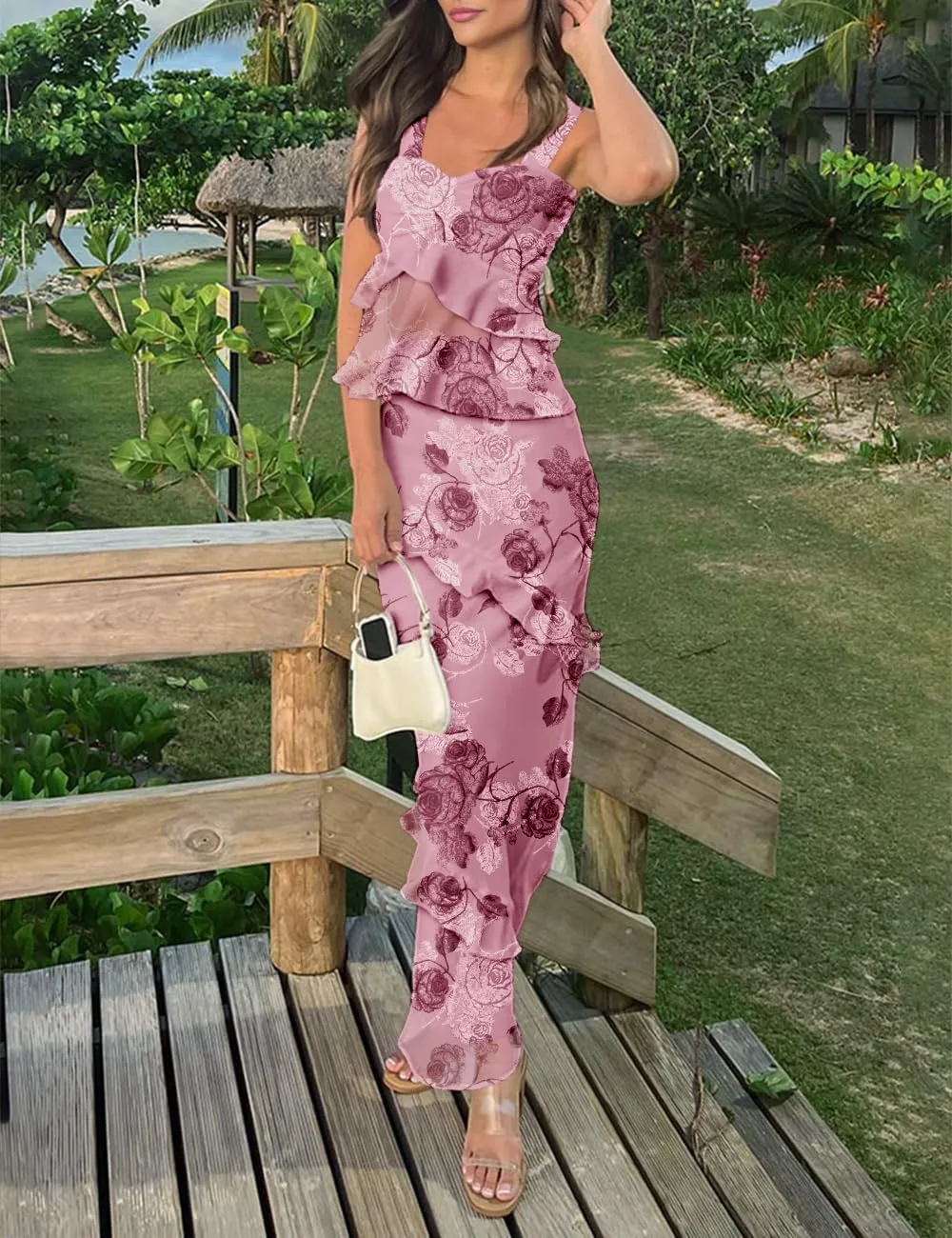 Lrady Women's Two Piece Skirt Sets Beach Formal Wedding Guest Sleeveless Peplum Ruffle Party Maxi Bodycon Dress Outfits