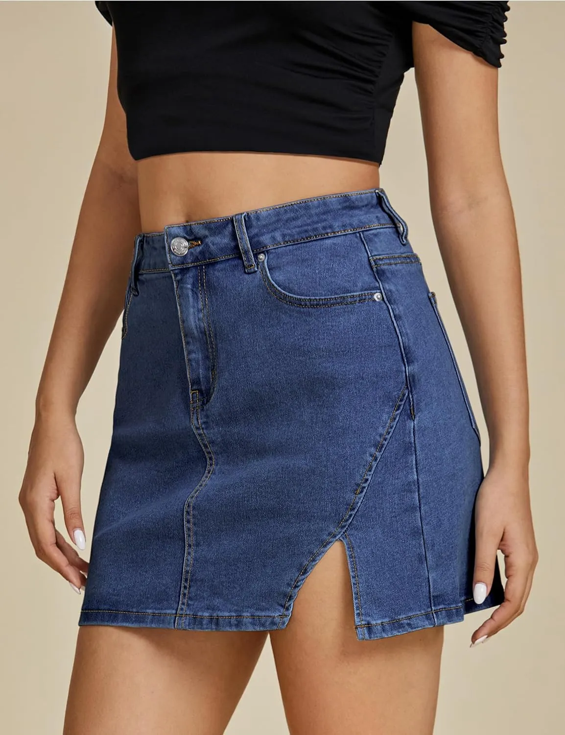 luvamia Jean Skirts for Women Denim High Waisted Stretchy Denim Skirt with Slit Trendy Casual Slim Fit Short Skirts