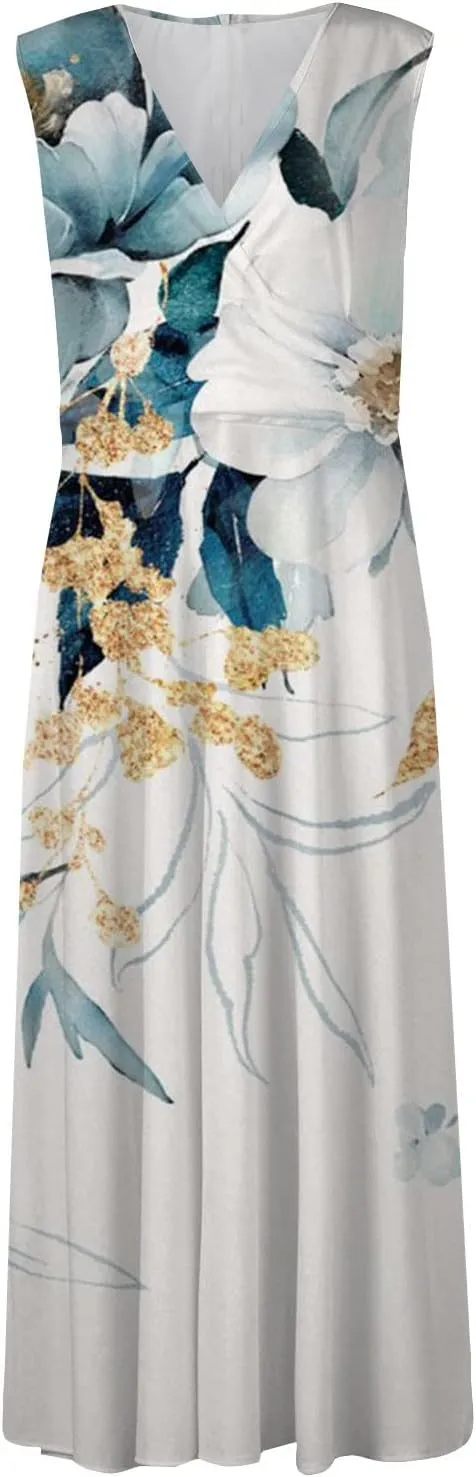 Maxi Dresses for Women 2024 Pink Spring Long Maxi Dress Summer Sleeveless V Neck Boho Waist Retraction Printed Dress