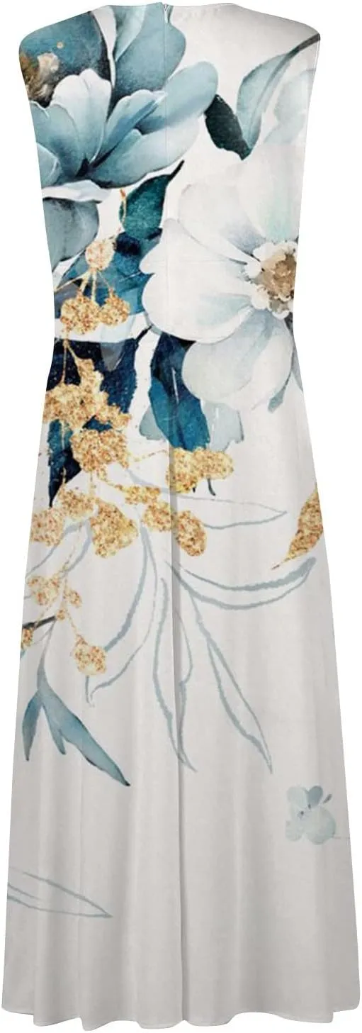 Maxi Dresses for Women 2024 Pink Spring Long Maxi Dress Summer Sleeveless V Neck Boho Waist Retraction Printed Dress