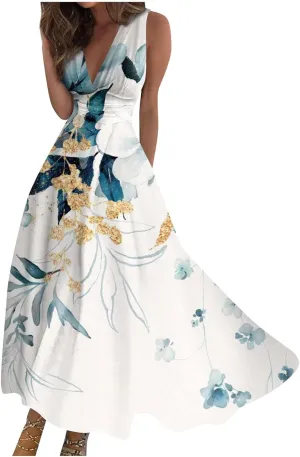 Maxi Dresses for Women 2024 Pink Spring Long Maxi Dress Summer Sleeveless V Neck Boho Waist Retraction Printed Dress