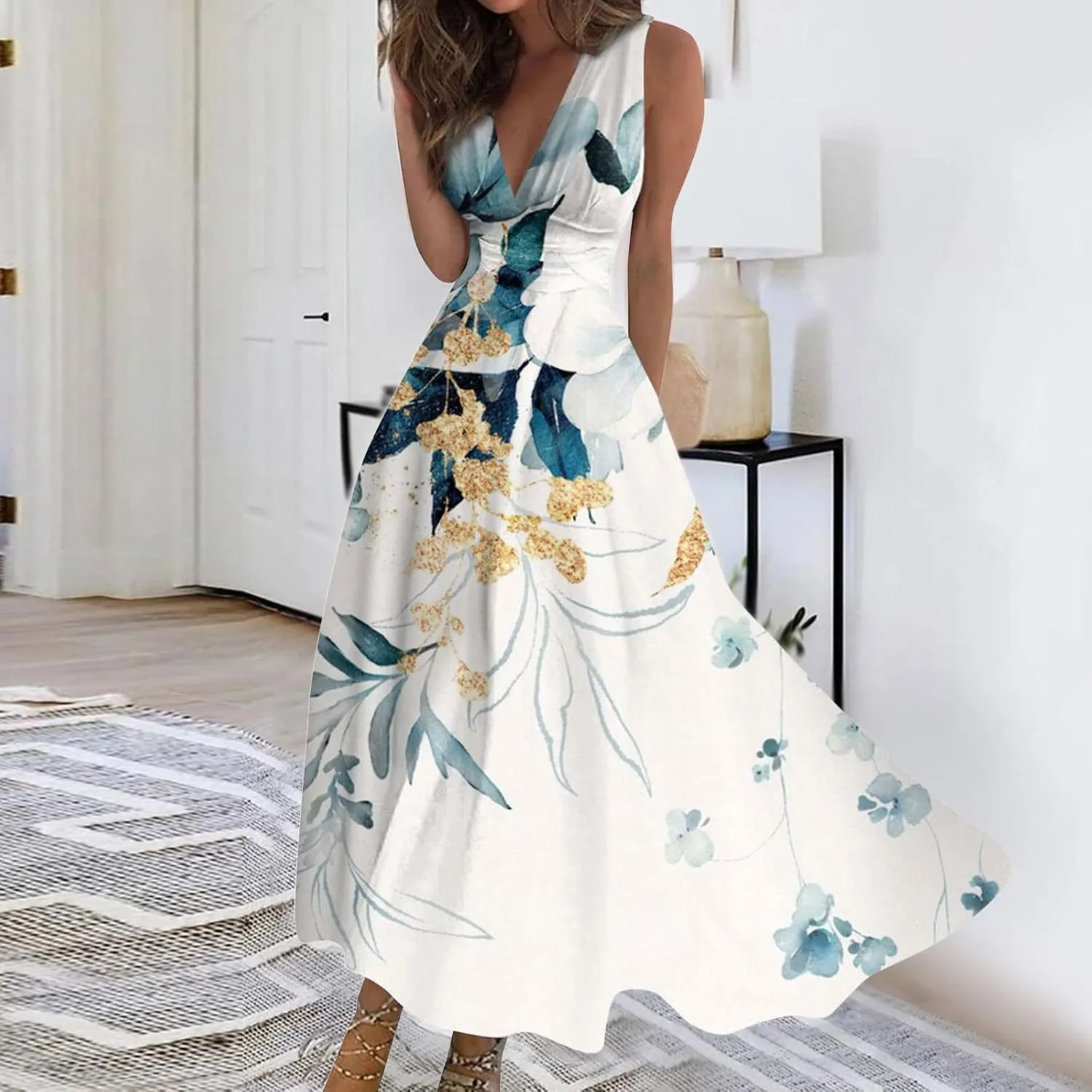 Maxi Dresses for Women 2024 Pink Spring Long Maxi Dress Summer Sleeveless V Neck Boho Waist Retraction Printed Dress