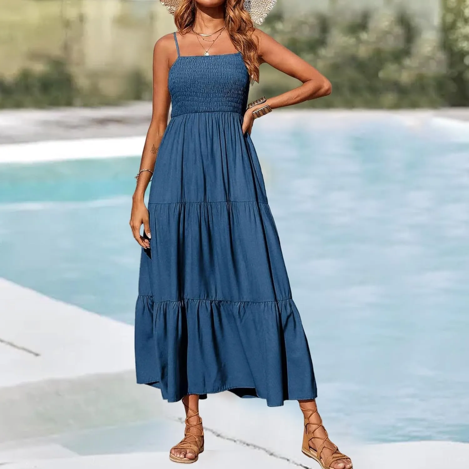 Maxi Dresses for Women Spaghetti Strap Sleeveless Smocked Flowy A-Line Dresses High Waist Tiered Long Beach Sundresses