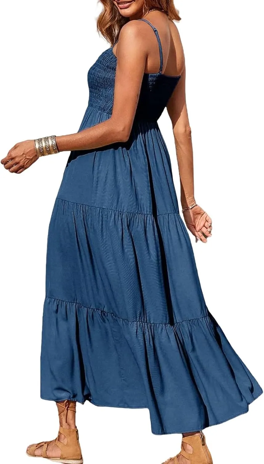 Maxi Dresses for Women Spaghetti Strap Sleeveless Smocked Flowy A-Line Dresses High Waist Tiered Long Beach Sundresses