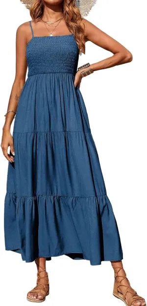 Maxi Dresses for Women Spaghetti Strap Sleeveless Smocked Flowy A-Line Dresses High Waist Tiered Long Beach Sundresses