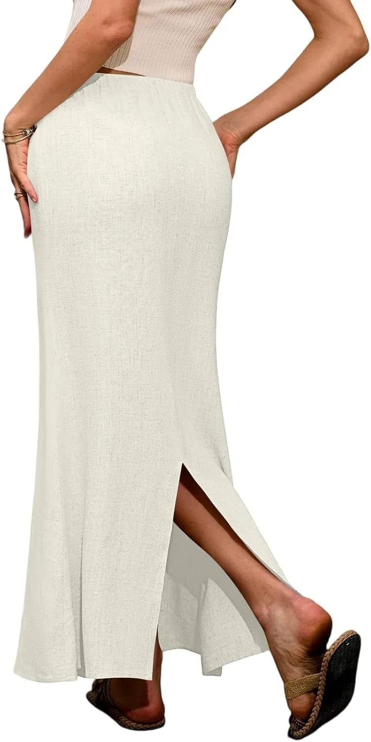 Maxi Skirts for Women 2025 Summer Linen Fishtail Split Long Skirts Drawstring Low Waist Vacation Boho Flowy Skirt
