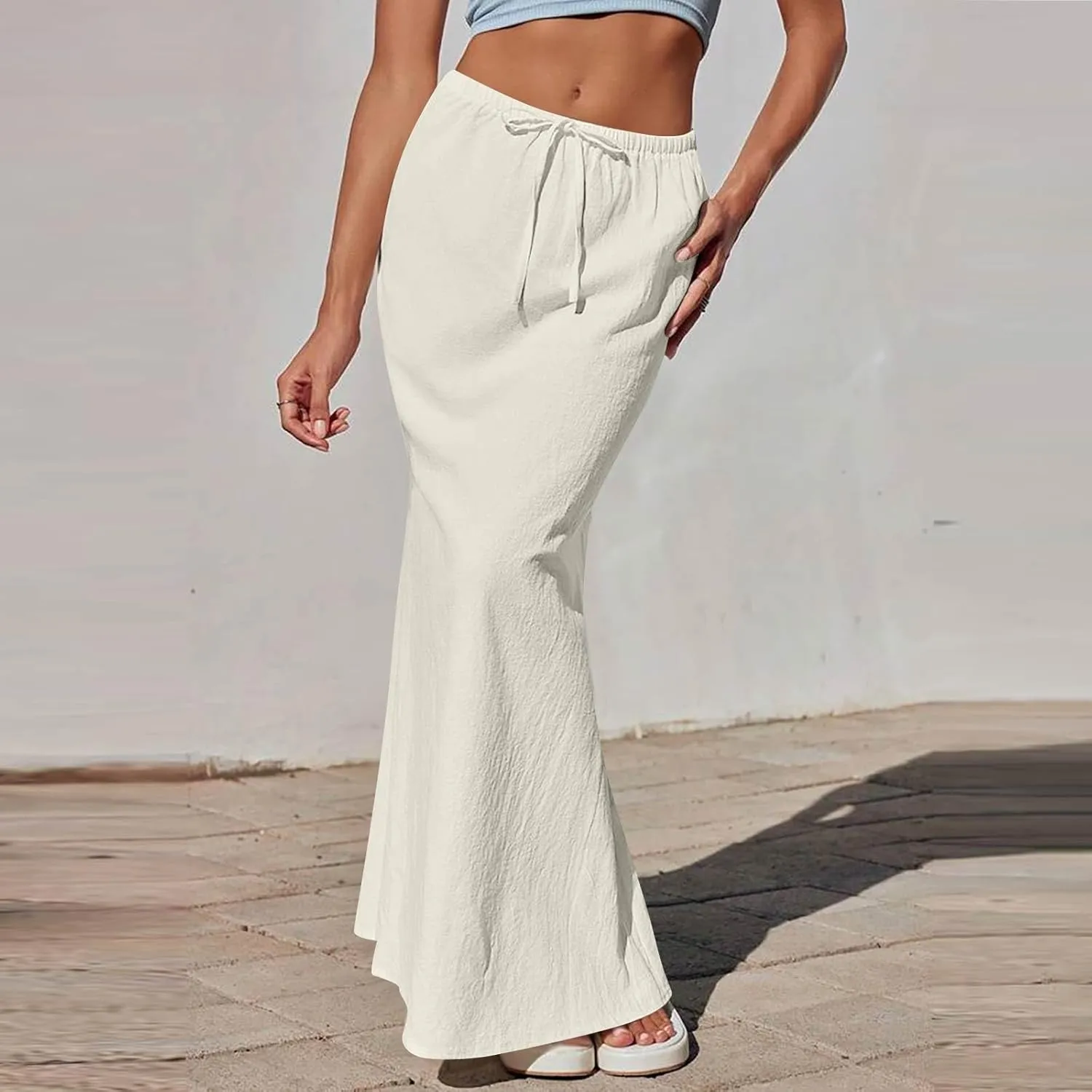 Maxi Skirts for Women 2025 Summer Linen Fishtail Split Long Skirts Drawstring Low Waist Vacation Boho Flowy Skirt