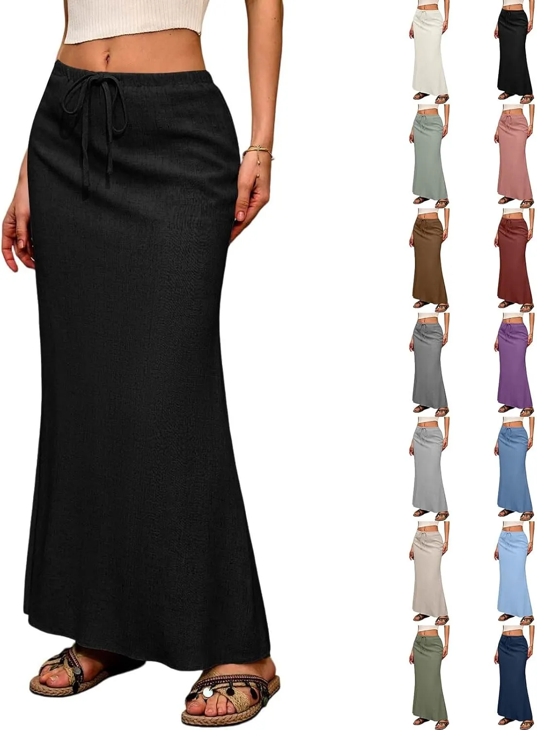 Maxi Skirts for Women 2025 Summer Linen Fishtail Split Long Skirts Drawstring Low Waist Vacation Boho Flowy Skirt