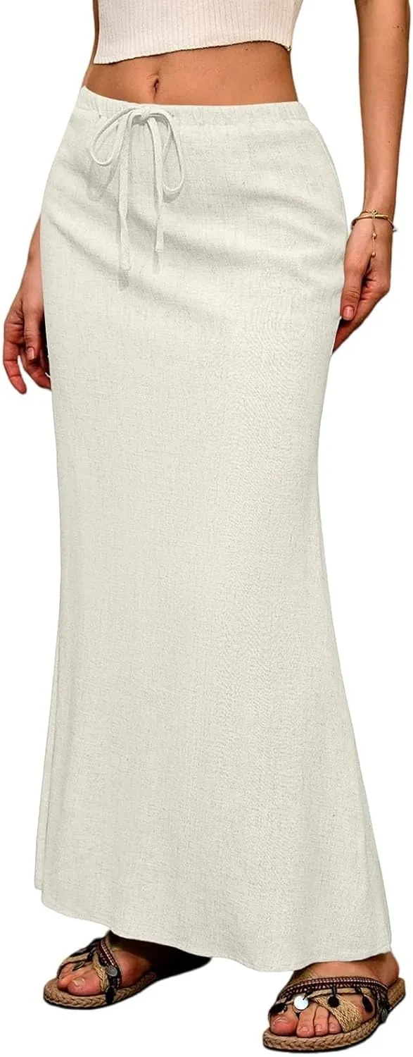 Maxi Skirts for Women 2025 Summer Linen Fishtail Split Long Skirts Drawstring Low Waist Vacation Boho Flowy Skirt