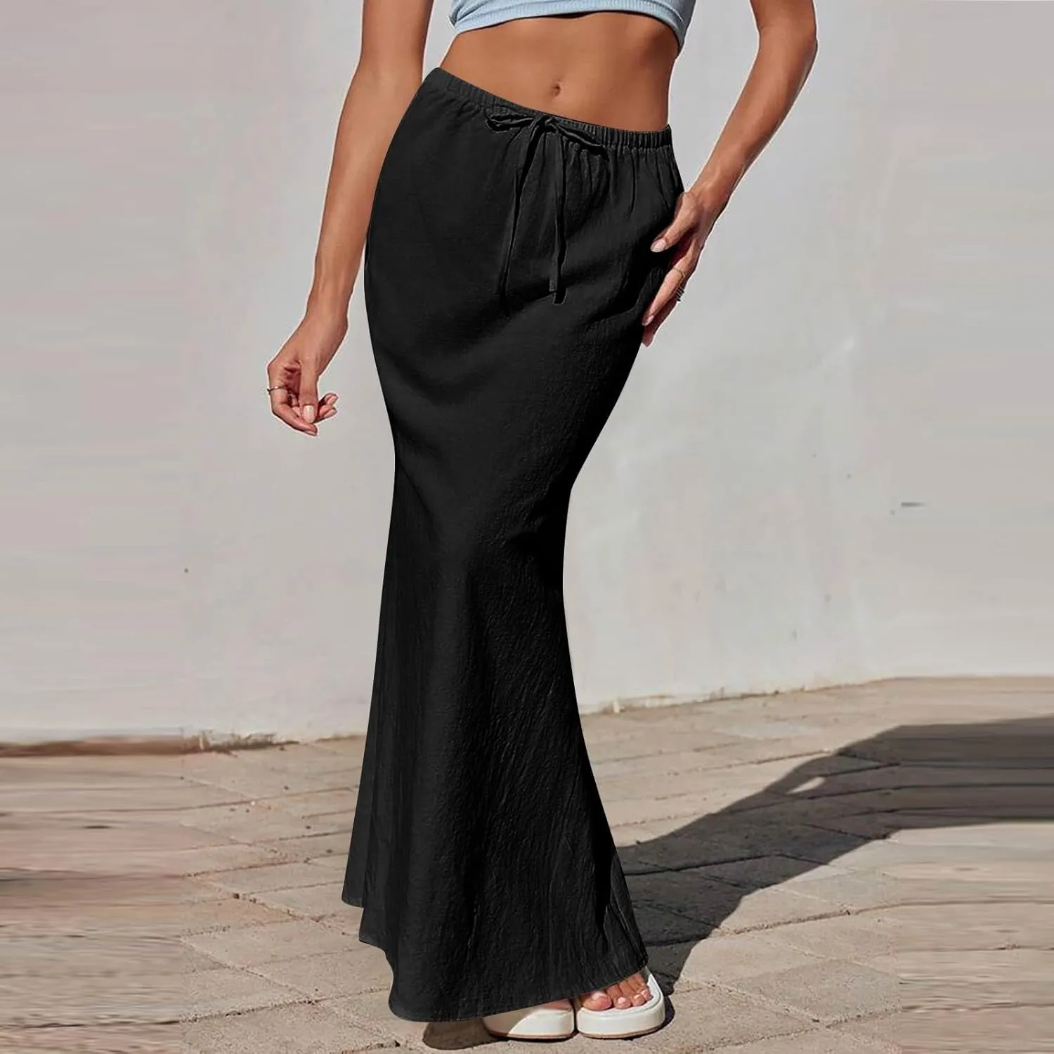 Maxi Skirts for Women 2025 Summer Linen Fishtail Split Long Skirts Drawstring Low Waist Vacation Boho Flowy Skirt