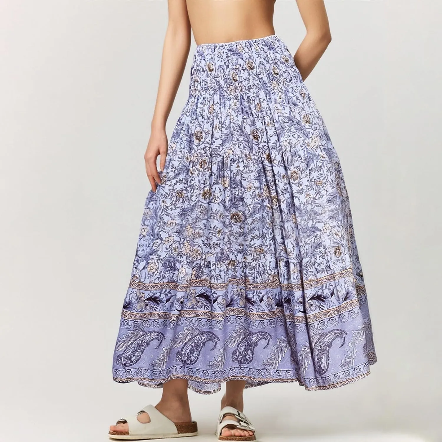 Maxi Skirts for Women Floral Boho Long Flowy Skirt Smocked Elastic High Waisted Skirts A Line Beach Midi Skirt