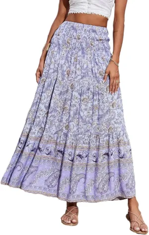 Maxi Skirts for Women Floral Boho Long Flowy Skirt Smocked Elastic High Waisted Skirts A Line Beach Midi Skirt