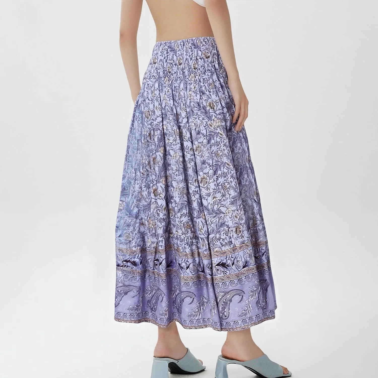 Maxi Skirts for Women Floral Boho Long Flowy Skirt Smocked Elastic High Waisted Skirts A Line Beach Midi Skirt