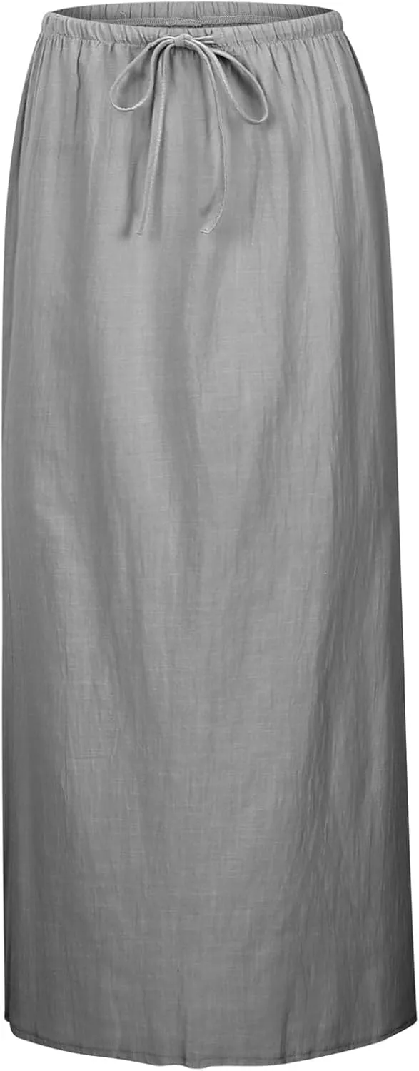 Maxi Skirts for Women Summer Cotton Linen Long Skirts Boho Casual Flowy Skirt Drawstring Waist A Line Skorts Trendy