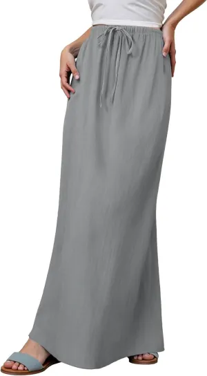 Maxi Skirts for Women Summer Cotton Linen Long Skirts Boho Casual Flowy Skirt Drawstring Waist A Line Skorts Trendy