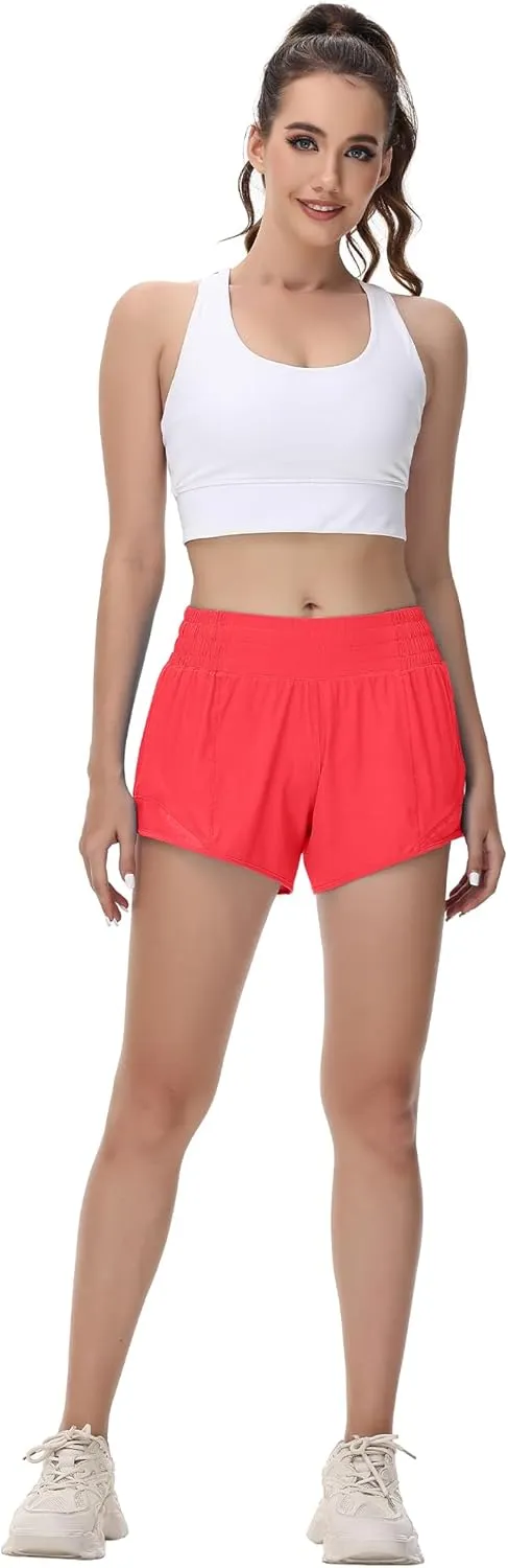 MCEDAR Women's Running Shorts High Waisted Lined 4"，Lightweight Active Workout Quick Dry Gym Athletic Sports Short Zip Pocket
