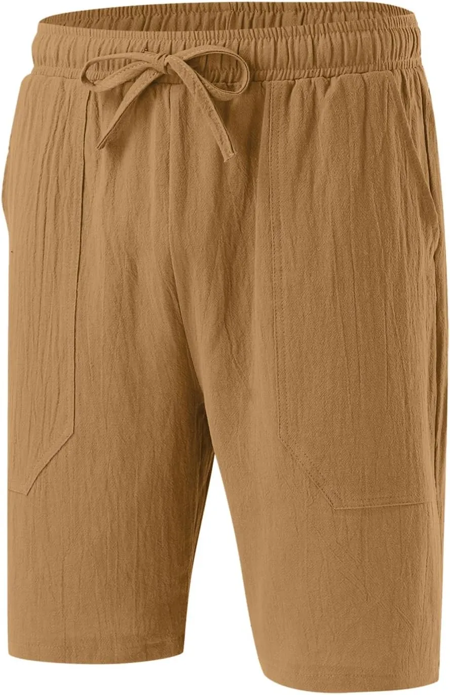 Men Linen Shorts Casual Elastic Waist Drawstring Cotton Linen Summer Beach Shorts with Pockets Loose Outdoor Shorts