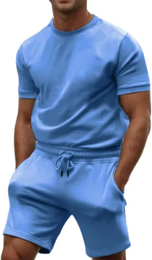 Mens 2 Piece Sweatsuits Sets, Short Sleeve Crewneck Sweatshirt with Casual Shorts for Sports, Workout, Running