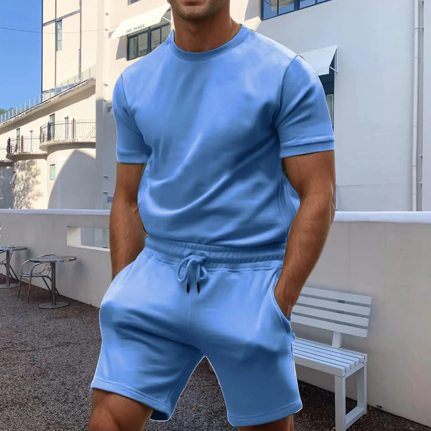Mens 2 Piece Sweatsuits Sets, Short Sleeve Crewneck Sweatshirt with Casual Shorts for Sports, Workout, Running